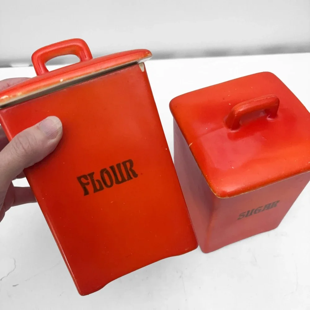 VTG Flour Sugar Orange Ceramic Canister Set MCM Retro Czechoslovakia